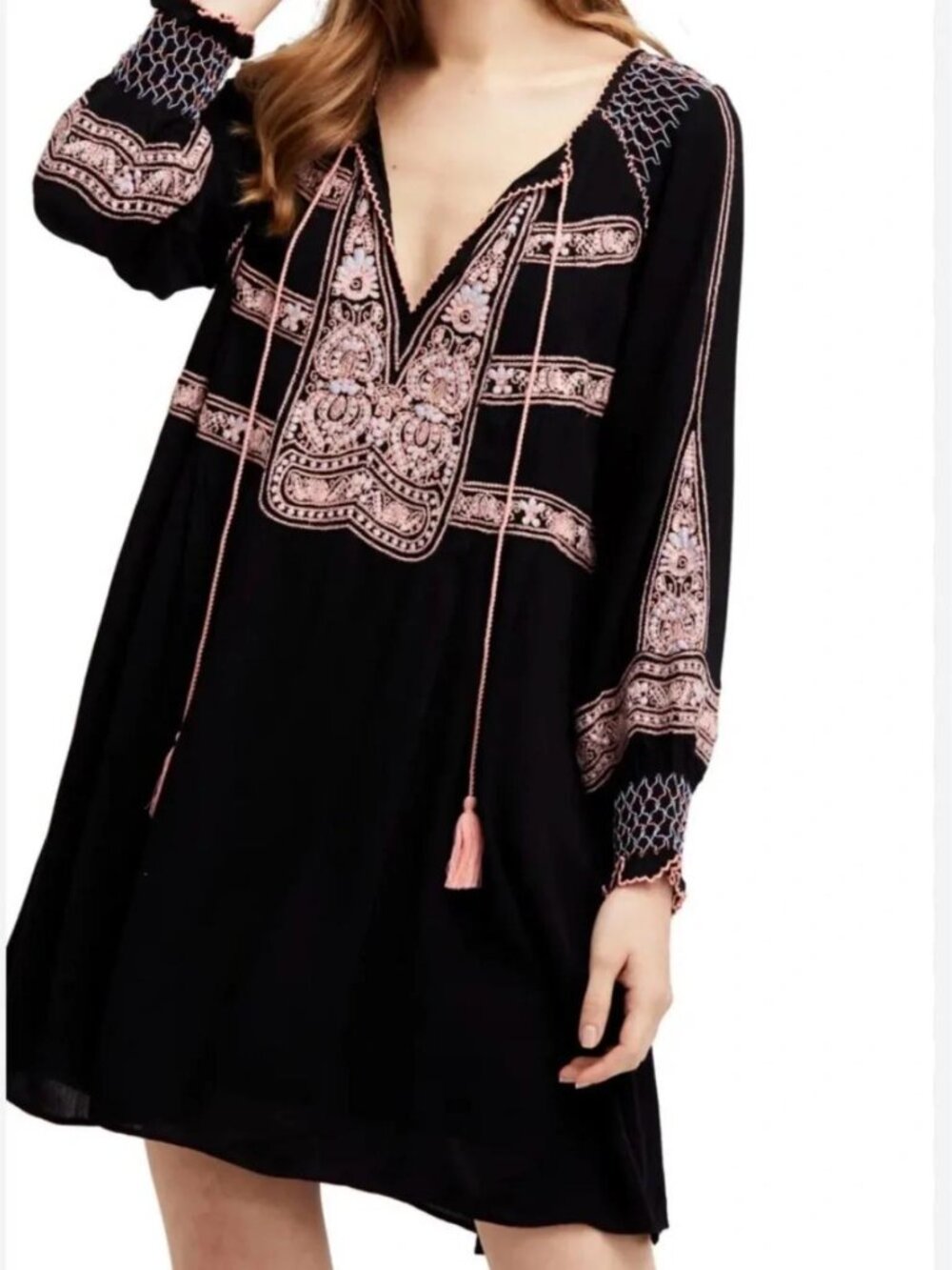 Free People Wind Willow embroidered mini tunic dress black & pink tassels boho L